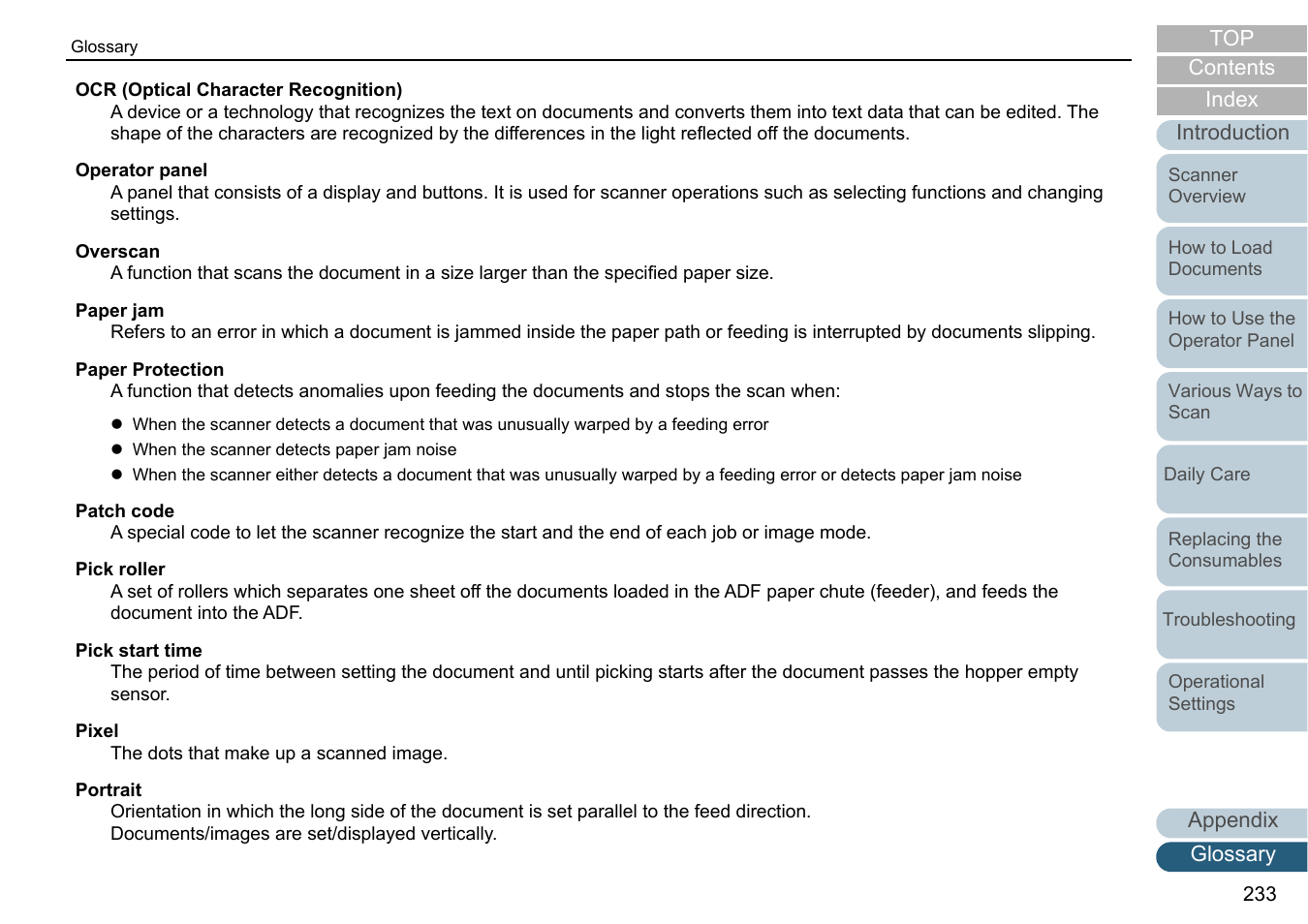 Ocr (optical character recognition), Operator panel, Overscan | Paper jam, Paper protection, Patch code, Pick roller, Pick start time, Pixel, Portrait | Fujitsu Ricoh Fujitsu fi-7700 Document Scanner User Manual | Page 233 / 238