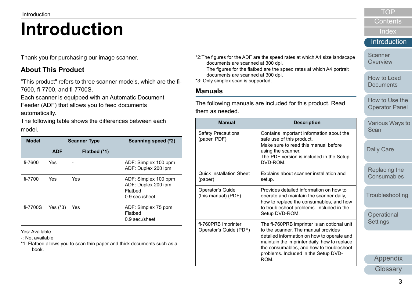 Introduction, Appendix glossary introduction index contents top, About this product | Manuals | Fujitsu Ricoh Fujitsu fi-7700 Document Scanner User Manual | Page 3 / 238