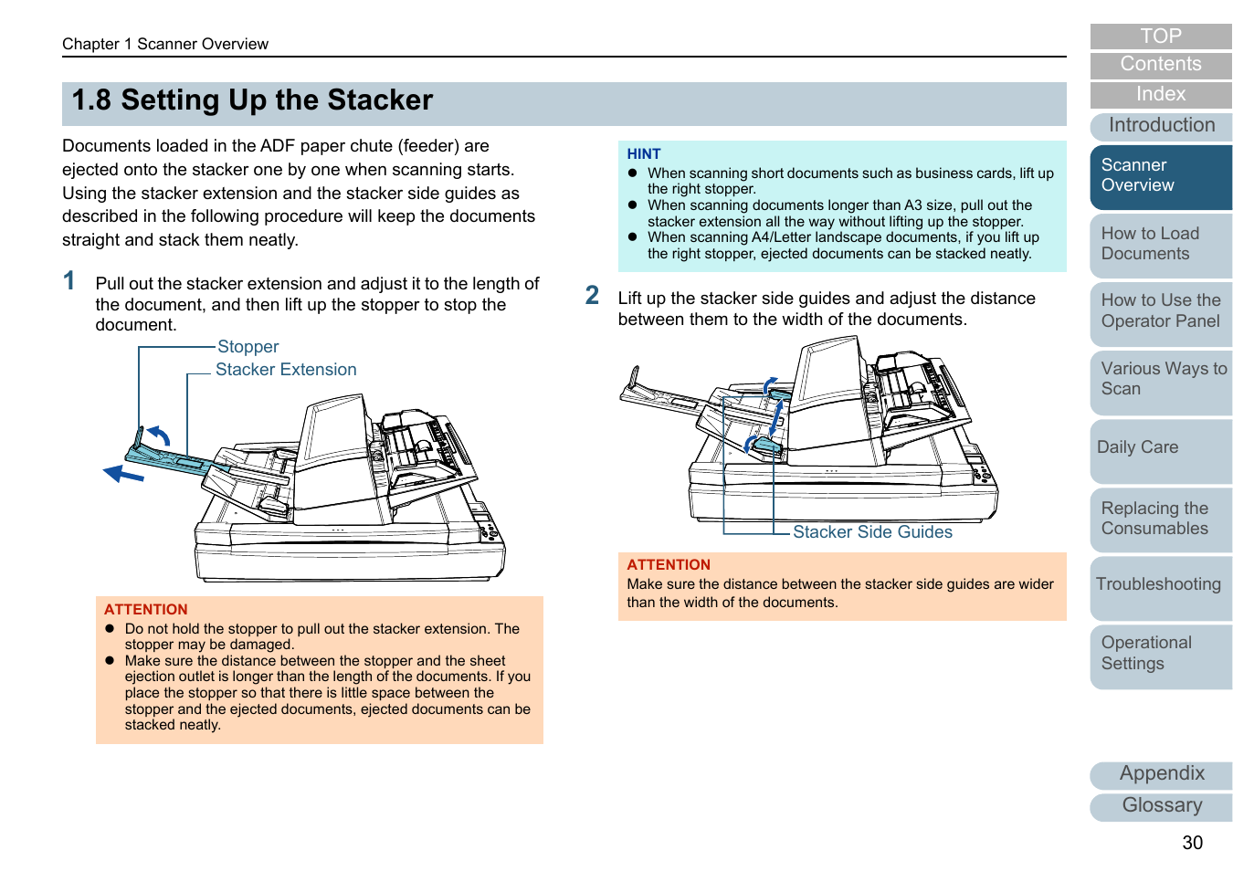 8 setting up the stacker, Setting up the stacker, Appendix | Glossary introduction index contents top | Fujitsu Ricoh Fujitsu fi-7700 Document Scanner User Manual | Page 30 / 238