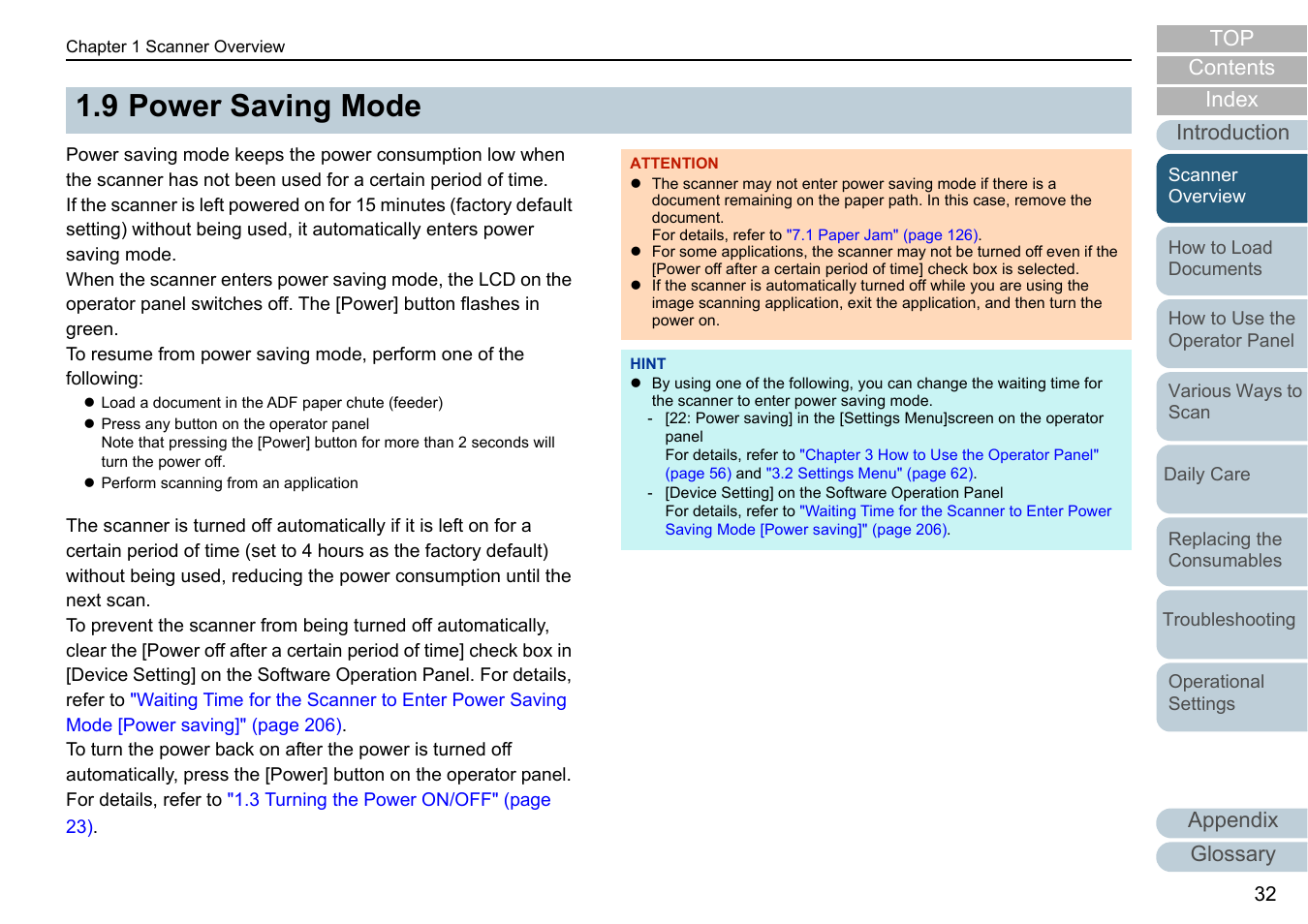 9 power saving mode, Power saving mode, Appendix | Glossary introduction index contents top | Fujitsu Ricoh Fujitsu fi-7700 Document Scanner User Manual | Page 32 / 238