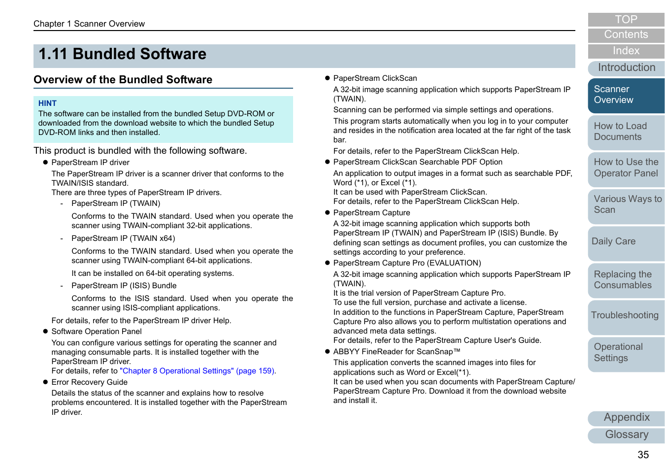 11 bundled software, Overview of the bundled software, Bundled software | Appendix, Glossary introduction index contents top | Fujitsu Ricoh Fujitsu fi-7700 Document Scanner User Manual | Page 35 / 238