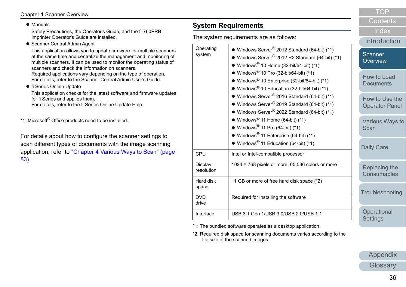 System requirements, Appendix, Glossary introduction index contents top | Fujitsu Ricoh Fujitsu fi-7700 Document Scanner User Manual | Page 36 / 238