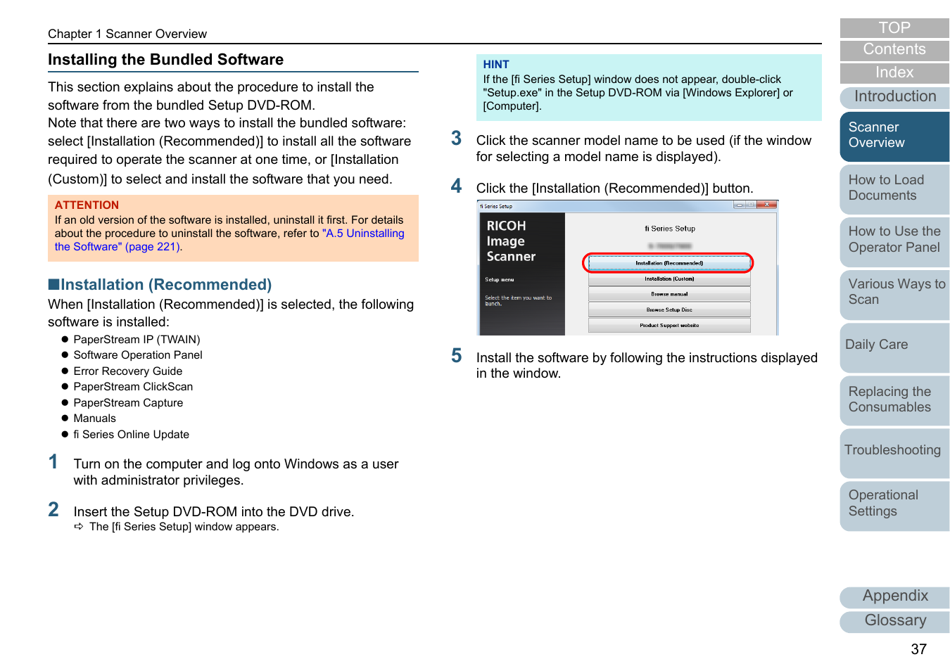 Installing the bundled software | Fujitsu Ricoh Fujitsu fi-7700 Document Scanner User Manual | Page 37 / 238