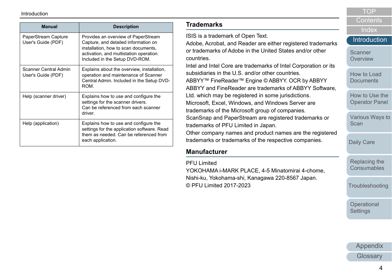 Appendix glossary introduction index contents top, Trademarks, Manufacturer | Fujitsu Ricoh Fujitsu fi-7700 Document Scanner User Manual | Page 4 / 238