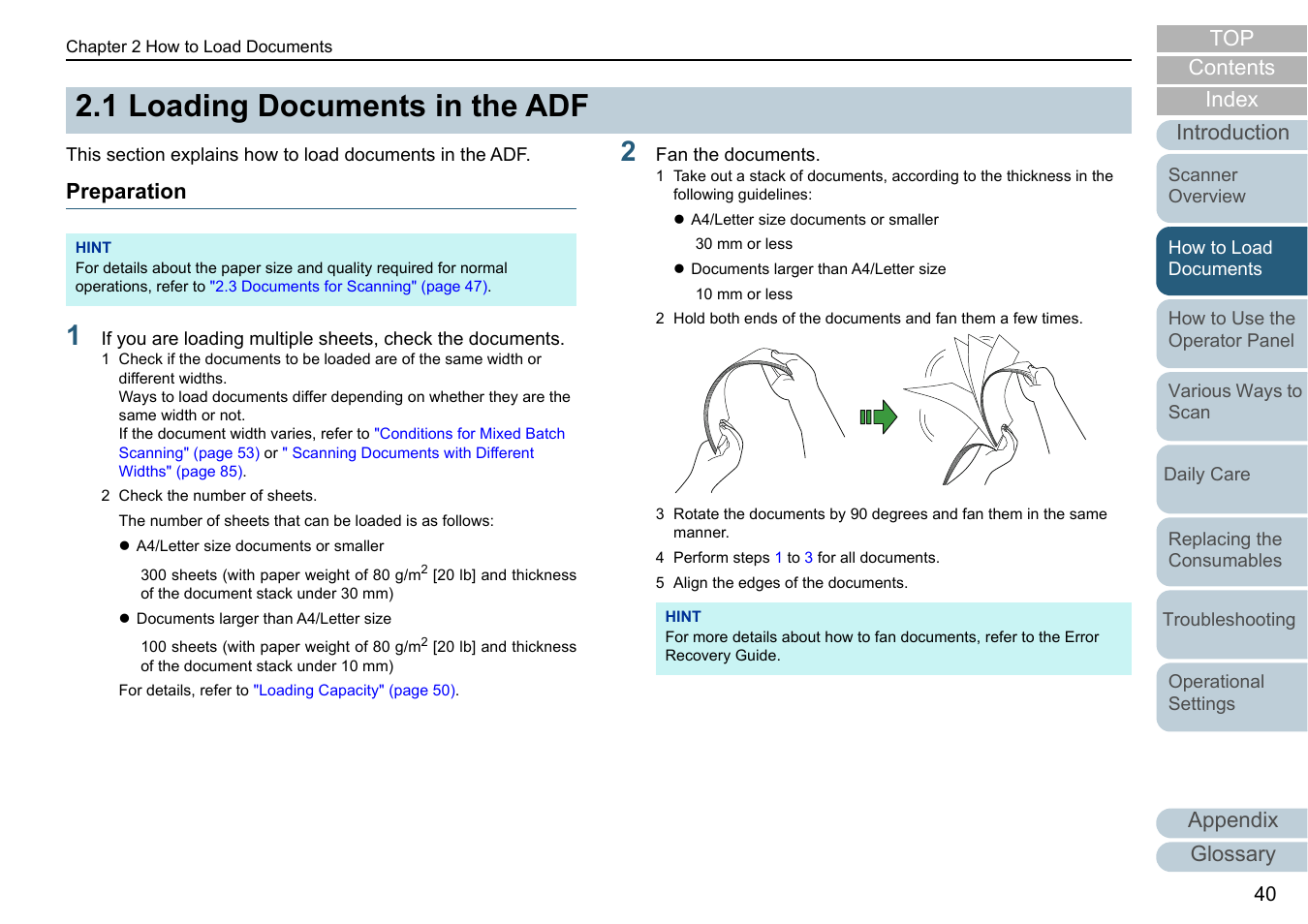 1 loading documents in the adf, Preparation, Loading documents in the adf | Index contents, Appendix glossary introduction top | Fujitsu Ricoh Fujitsu fi-7700 Document Scanner User Manual | Page 40 / 238