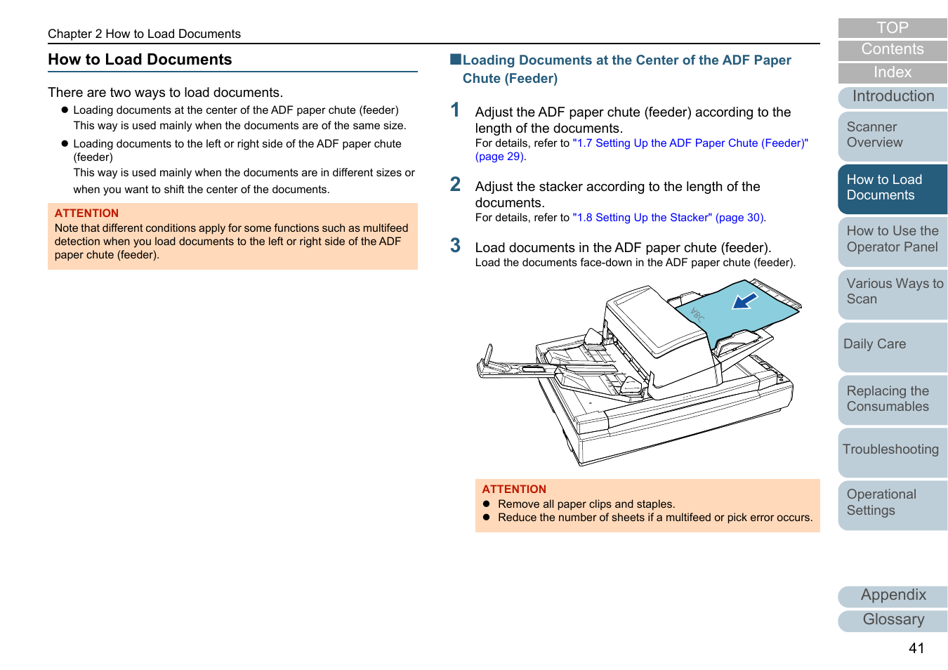 How to load documents, Index contents, Appendix glossary introduction top | Fujitsu Ricoh Fujitsu fi-7700 Document Scanner User Manual | Page 41 / 238
