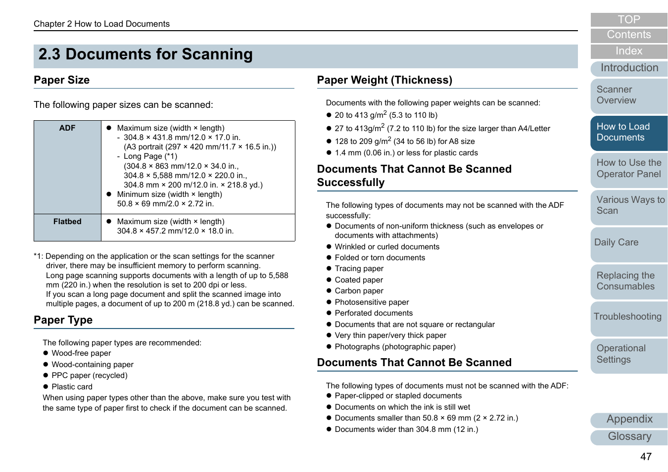 3 documents for scanning, Paper size, Paper type | Paper weight (thickness), Documents that cannot be scanned successfully, Documents that cannot be scanned, Documents for scanning, Index contents, Appendix glossary introduction top | Fujitsu Ricoh Fujitsu fi-7700 Document Scanner User Manual | Page 47 / 238
