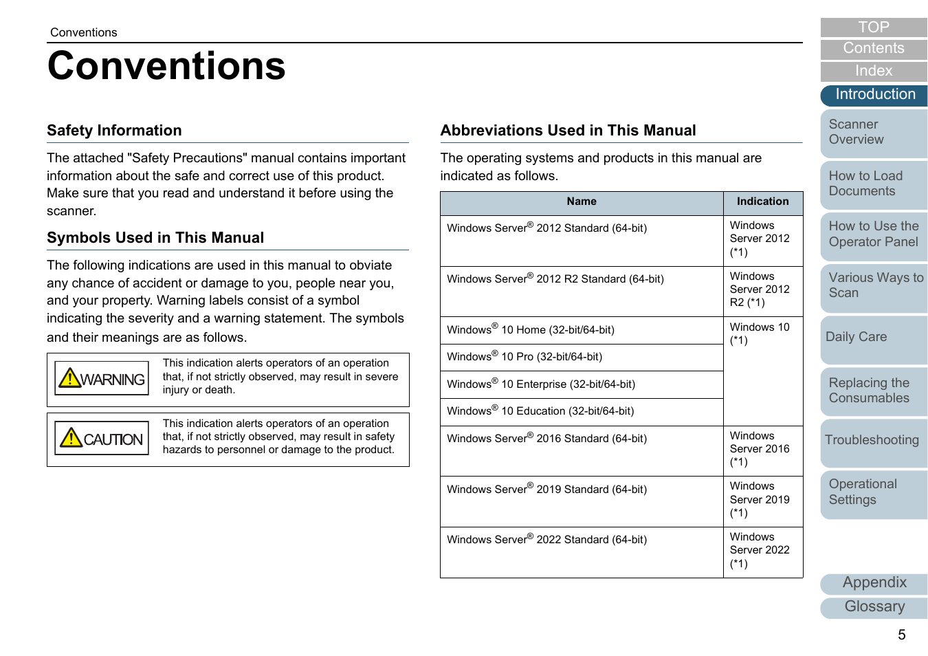 Conventions, Appendix glossary introduction index contents top, Safety information | Symbols used in this manual, Abbreviations used in this manual | Fujitsu Ricoh Fujitsu fi-7700 Document Scanner User Manual | Page 5 / 238