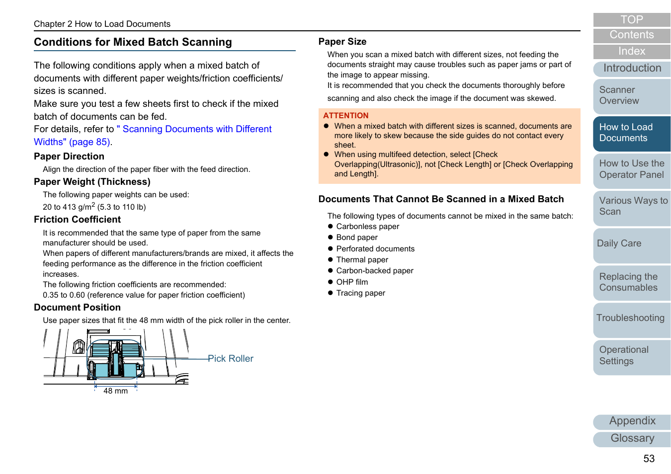 Conditions for mixed batch scanning, Conditions for mixed batch, Index contents | Appendix glossary introduction top | Fujitsu Ricoh Fujitsu fi-7700 Document Scanner User Manual | Page 53 / 238