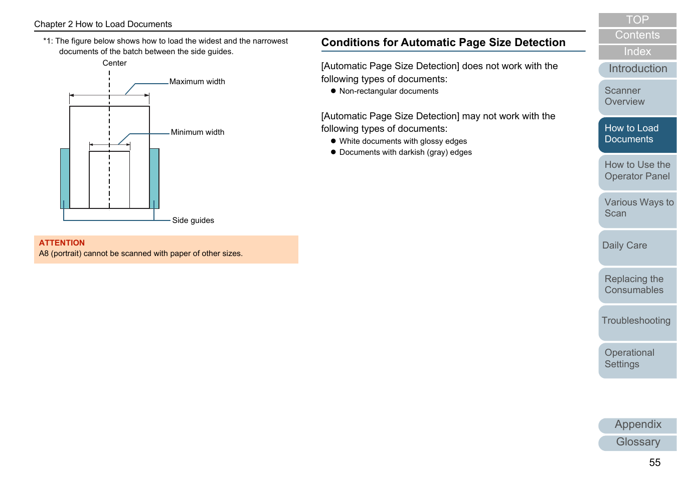 Index contents, Appendix glossary introduction top, Conditions for automatic page size detection | Fujitsu Ricoh Fujitsu fi-7700 Document Scanner User Manual | Page 55 / 238