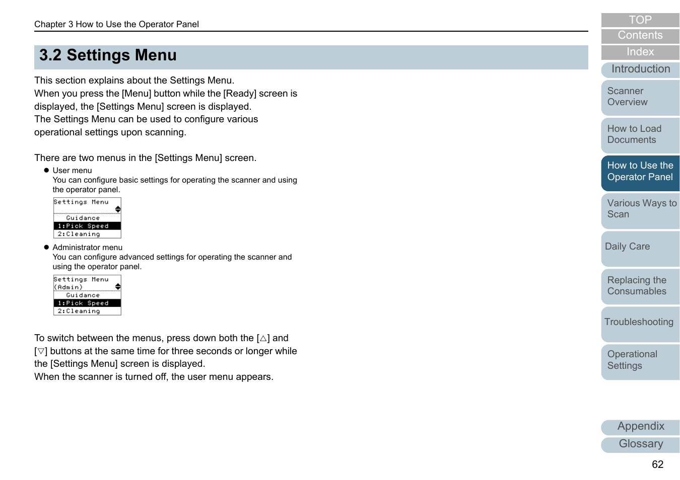 2 settings menu, Settings menu, R to | Fujitsu Ricoh Fujitsu fi-7700 Document Scanner User Manual | Page 62 / 238