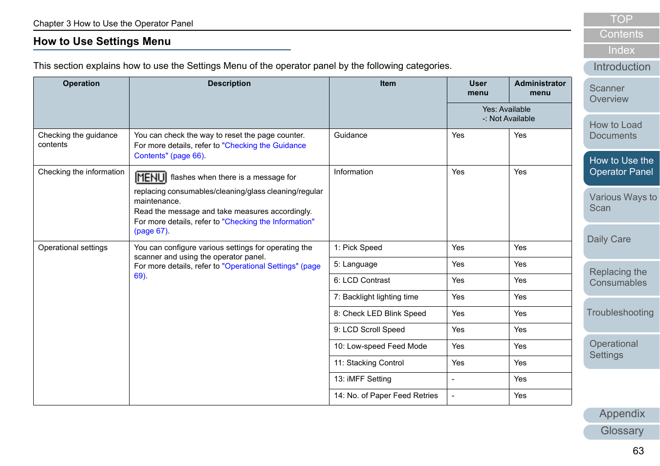 How to use settings menu, Appendix glossary introduction index contents top | Fujitsu Ricoh Fujitsu fi-7700 Document Scanner User Manual | Page 63 / 238