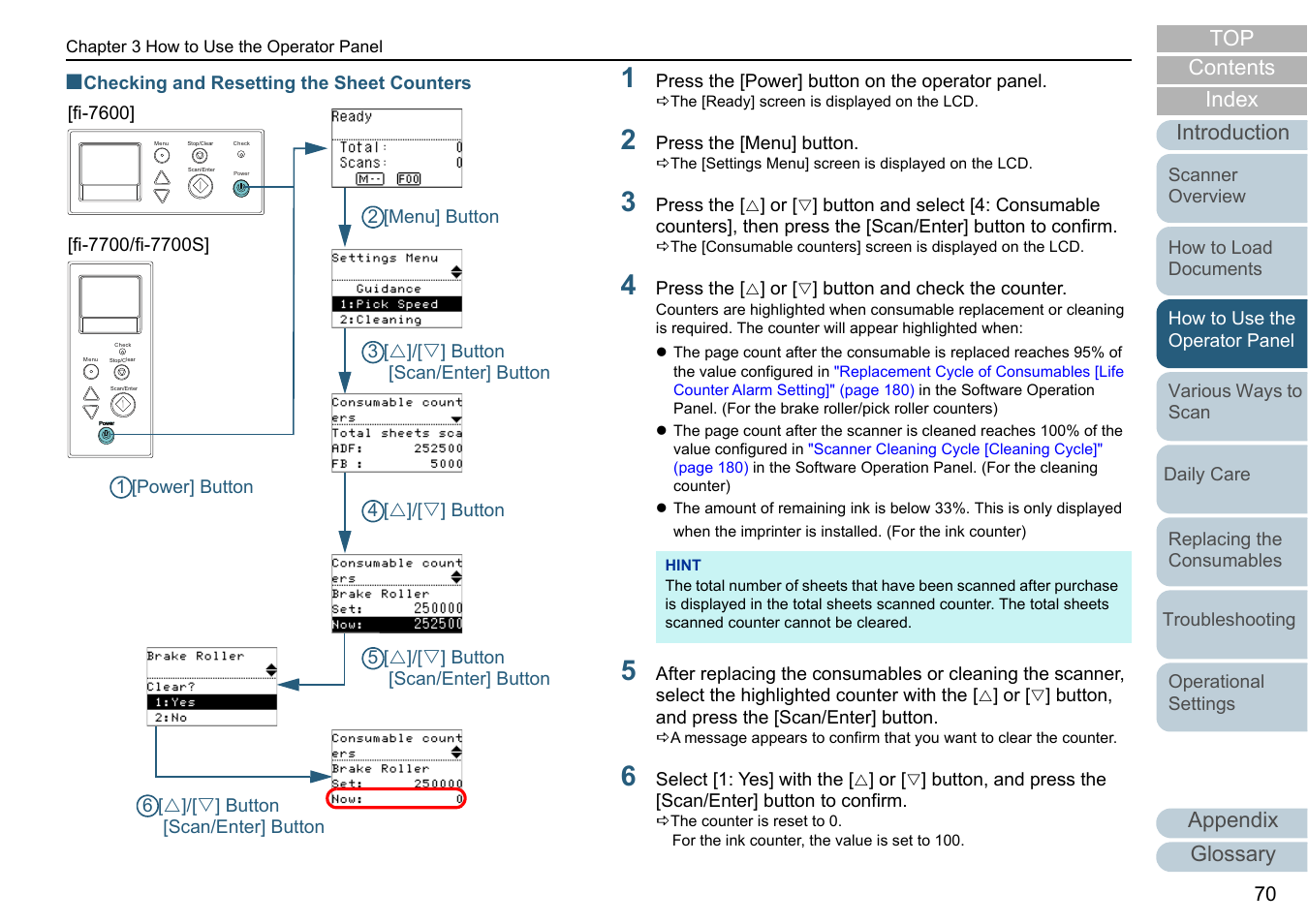 R to, Checking and resetting the, Appendix glossary introduction index contents top | Fujitsu Ricoh Fujitsu fi-7700 Document Scanner User Manual | Page 70 / 238