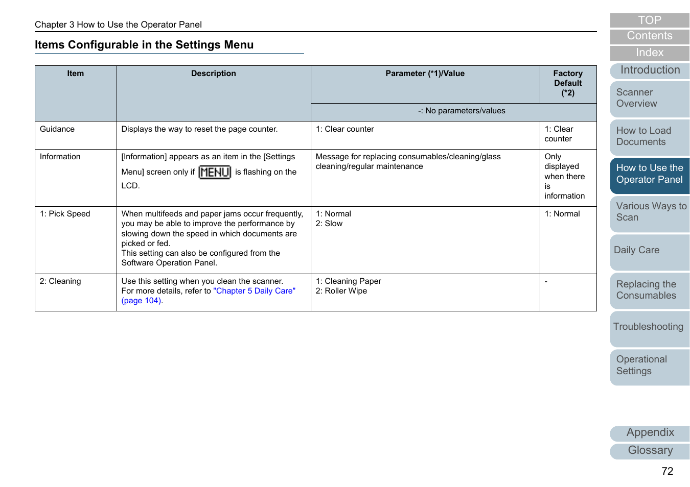 Items configurable in the settings menu, Items configurable, Items | Appendix glossary introduction index contents top | Fujitsu Ricoh Fujitsu fi-7700 Document Scanner User Manual | Page 72 / 238