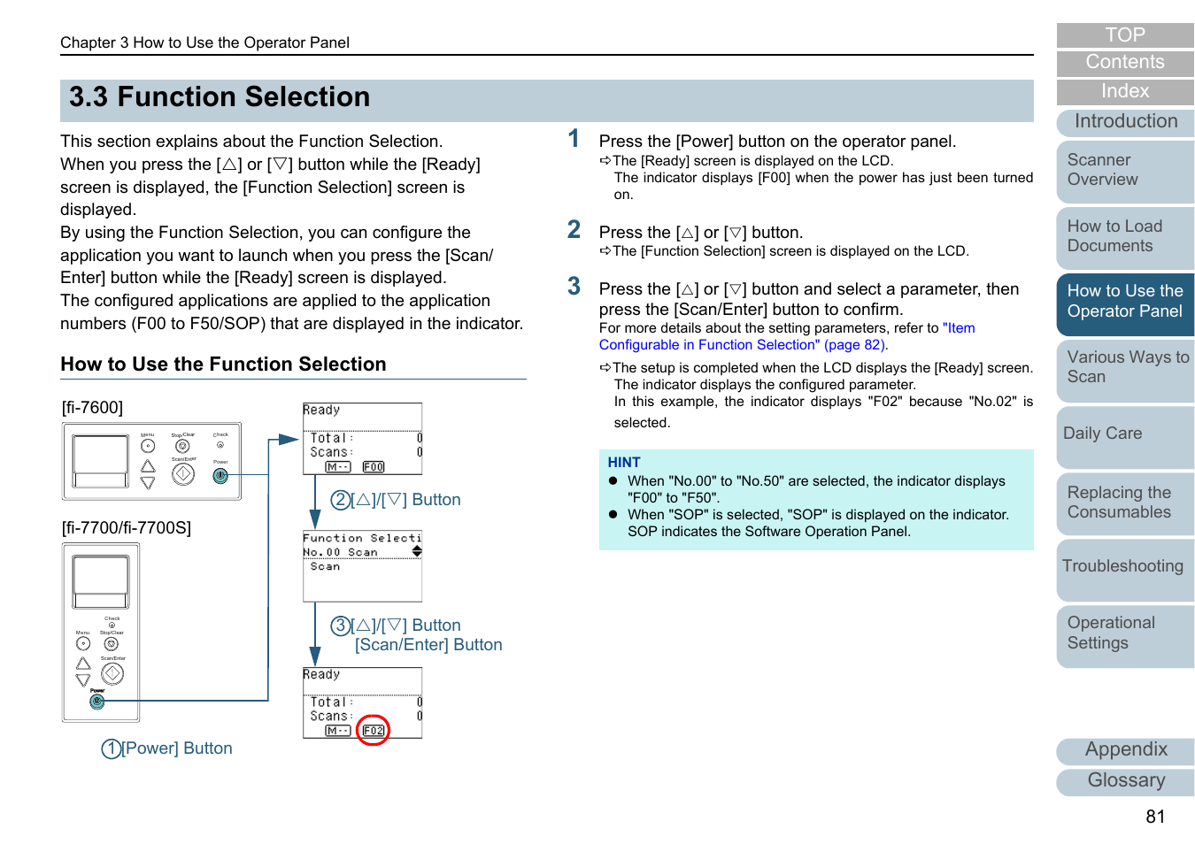 3 function selection, How to use the function selection, Function selection | 3 function, Appendix glossary introduction index contents top | Fujitsu Ricoh Fujitsu fi-7700 Document Scanner User Manual | Page 81 / 238