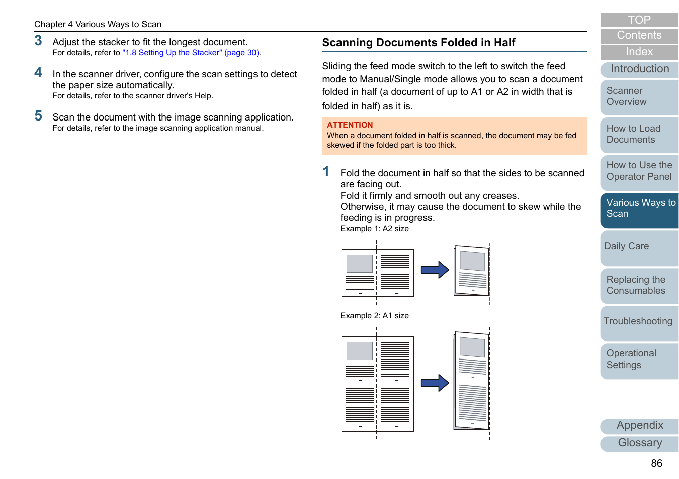 Scanning documents folded in half | Fujitsu Ricoh Fujitsu fi-7700 Document Scanner User Manual | Page 86 / 238