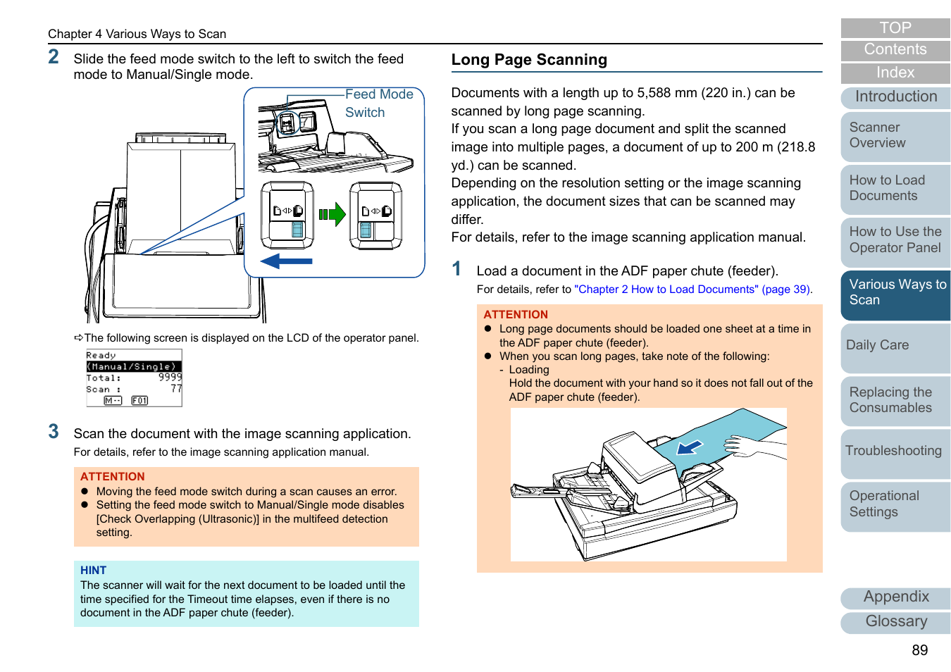 Appendix glossary introduction index contents top, Long page scanning | Fujitsu Ricoh Fujitsu fi-7700 Document Scanner User Manual | Page 89 / 238