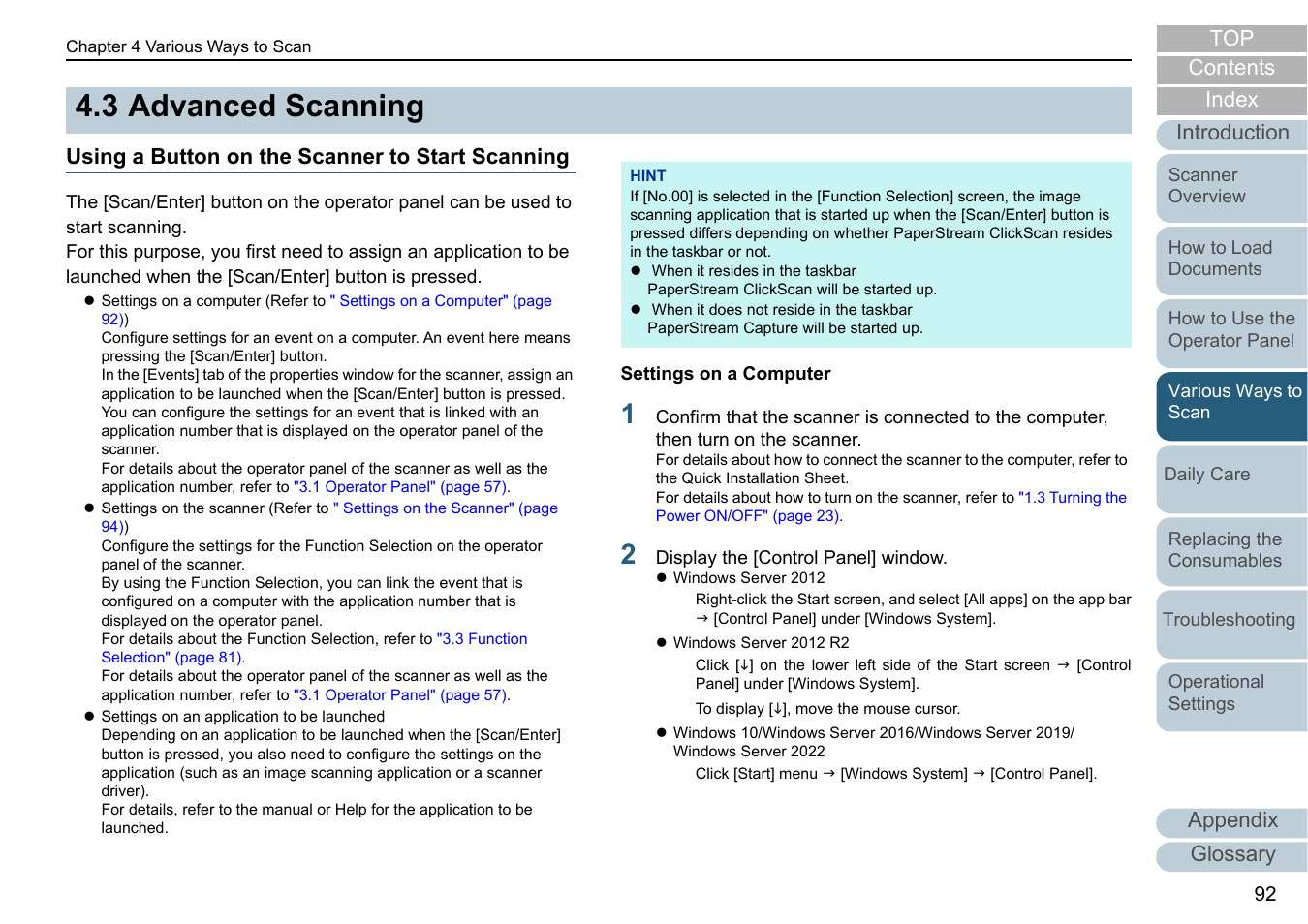 3 advanced scanning, Using a button on the scanner to start scanning, Advanced scanning | Using a button on the scanner to start, Appendix glossary introduction index contents top | Fujitsu Ricoh Fujitsu fi-7700 Document Scanner User Manual | Page 92 / 238