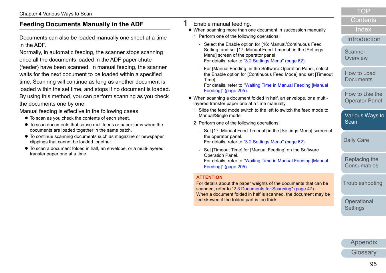 Feeding documents manually in the adf, Appendix glossary introduction index contents top | Fujitsu Ricoh Fujitsu fi-7700 Document Scanner User Manual | Page 95 / 238