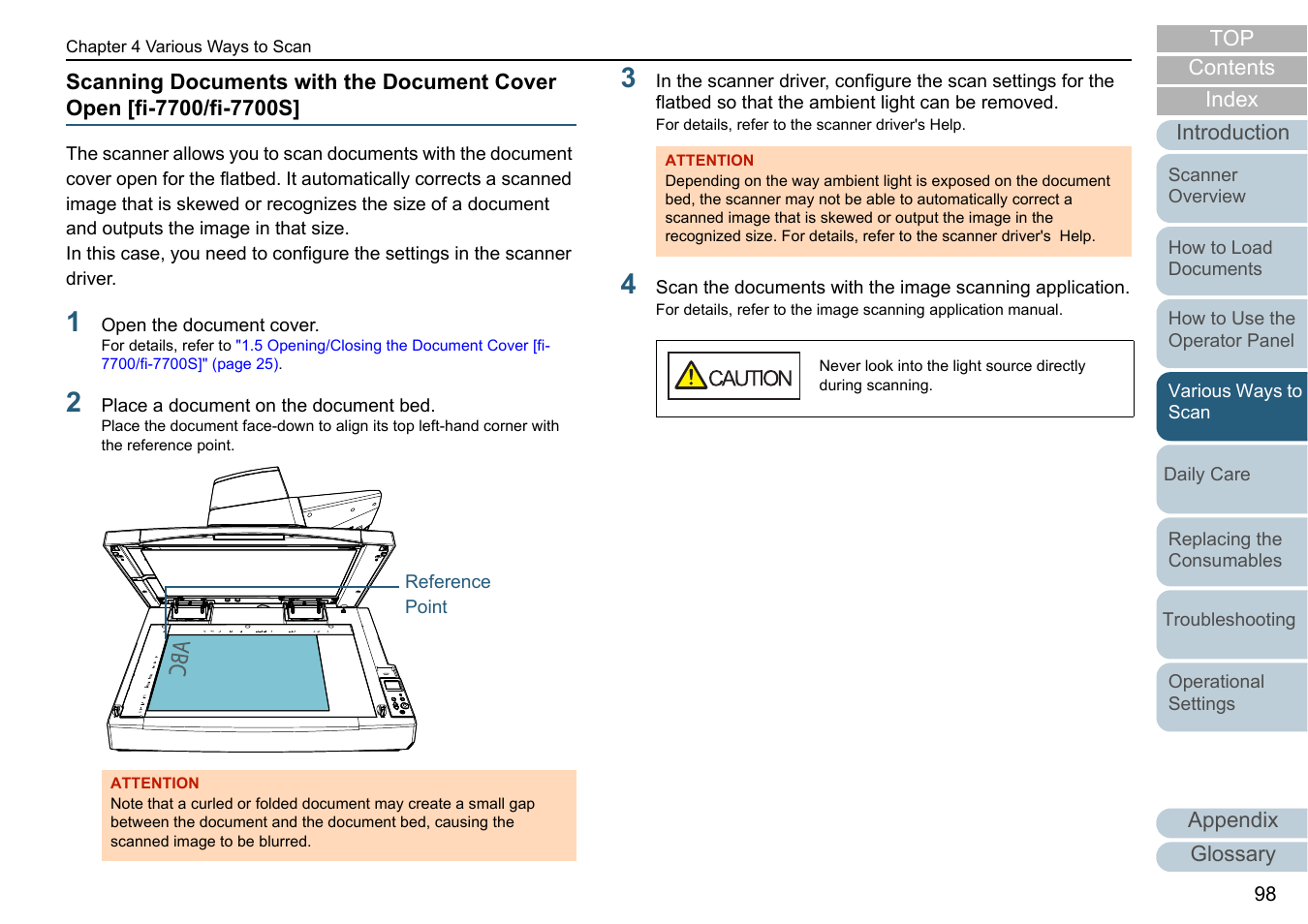 Scanning documents with the document | Fujitsu Ricoh Fujitsu fi-7700 Document Scanner User Manual | Page 98 / 238