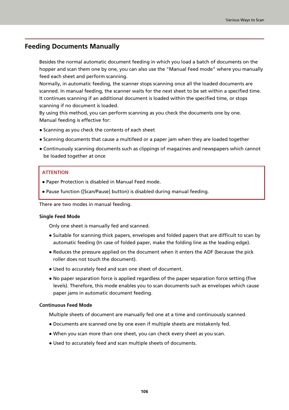 Feeding documents manually | Fujitsu Ricoh Fujitsu fi-7900 Image Scanner User Manual | Page 106 / 291