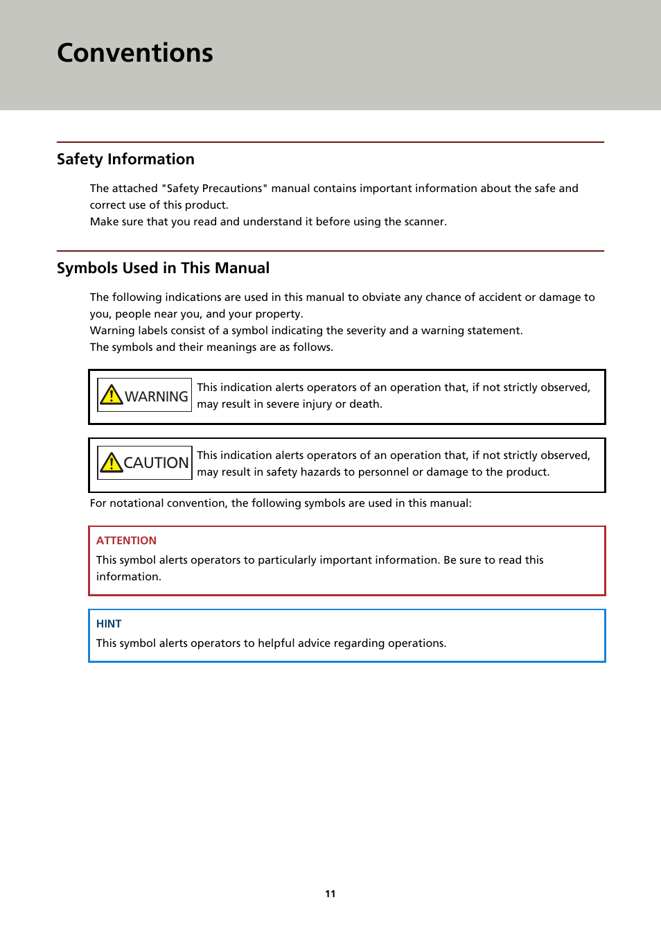 Conventions, Safety information, Symbols used in this manual | Caution | Fujitsu Ricoh Fujitsu fi-7900 Image Scanner User Manual | Page 11 / 291