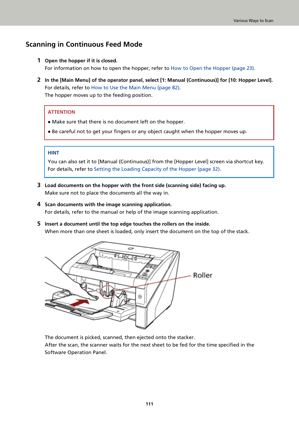 Scanning in continuous feed mode | Fujitsu Ricoh Fujitsu fi-7900 Image Scanner User Manual | Page 111 / 291