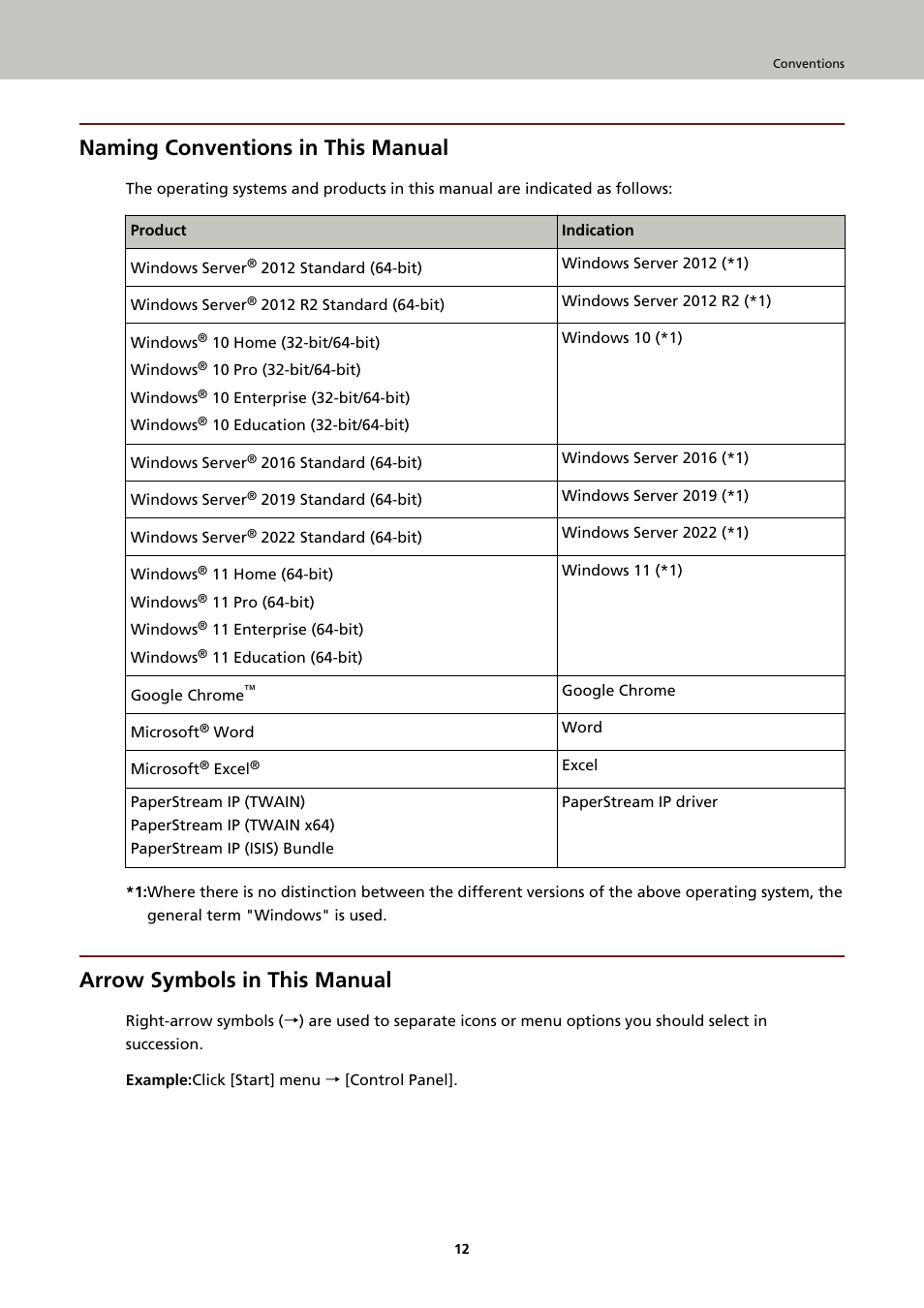 Naming conventions in this manual, Arrow symbols in this manual | Fujitsu Ricoh Fujitsu fi-7900 Image Scanner User Manual | Page 12 / 291