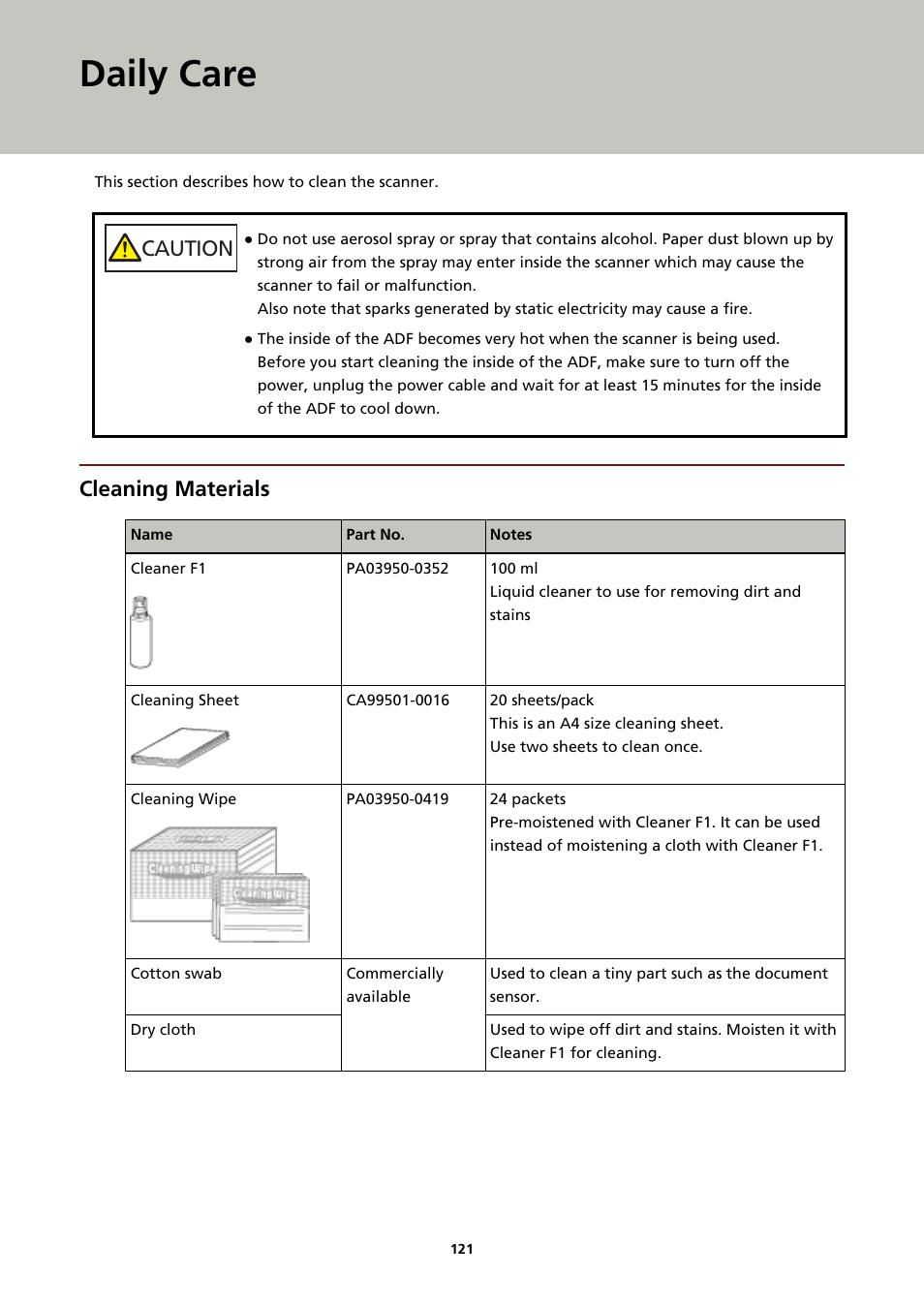 Daily care, Cleaning materials, Rollers, refer to | For more details, refer to, Caution | Fujitsu Ricoh Fujitsu fi-7900 Image Scanner User Manual | Page 121 / 291