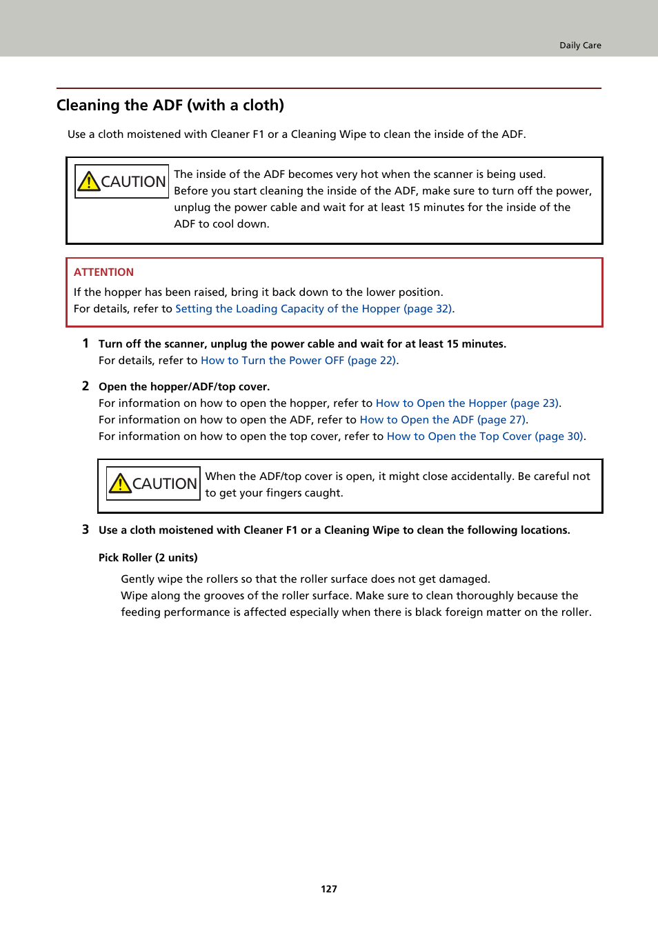 Cleaning the adf (with a cloth), Caution | Fujitsu Ricoh Fujitsu fi-7900 Image Scanner User Manual | Page 127 / 291