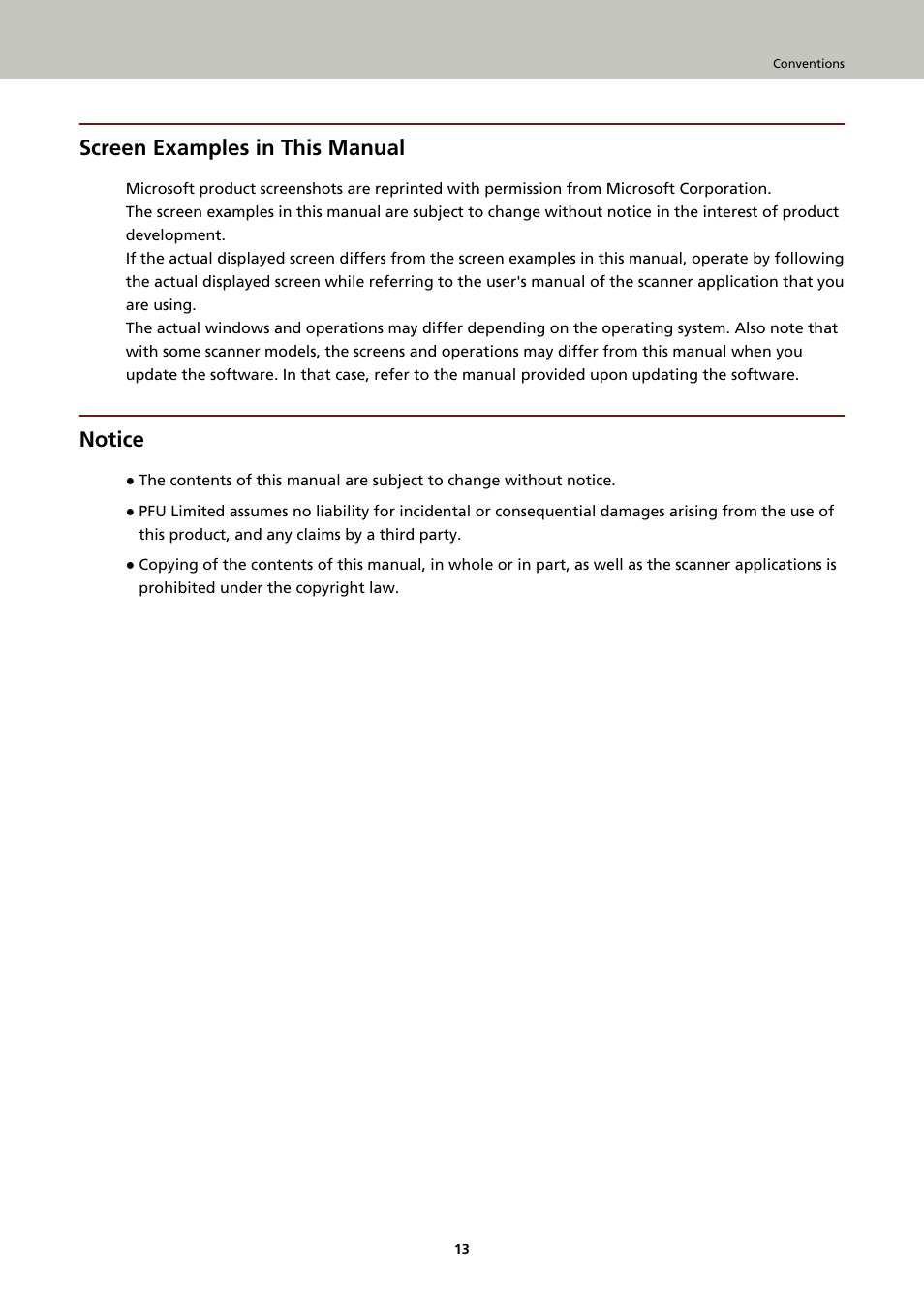 Screen examples in this manual, Notice | Fujitsu Ricoh Fujitsu fi-7900 Image Scanner User Manual | Page 13 / 291