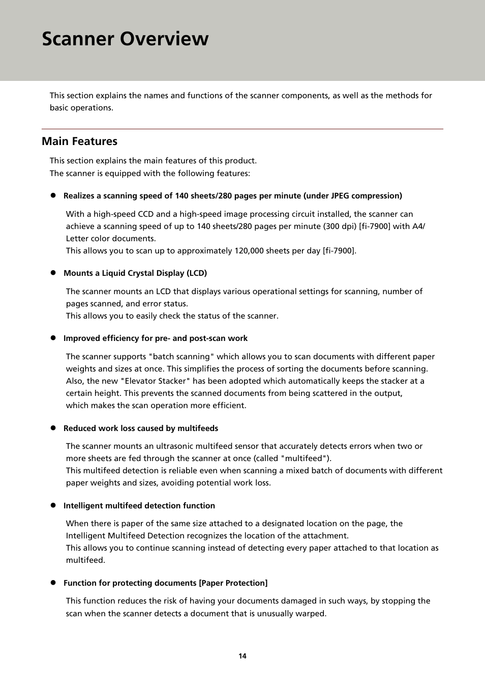 Scanner overview, Main features | Fujitsu Ricoh Fujitsu fi-7900 Image Scanner User Manual | Page 14 / 291