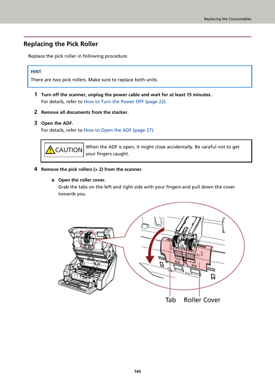 Replacing the pick roller, Caution | Fujitsu Ricoh Fujitsu fi-7900 Image Scanner User Manual | Page 145 / 291