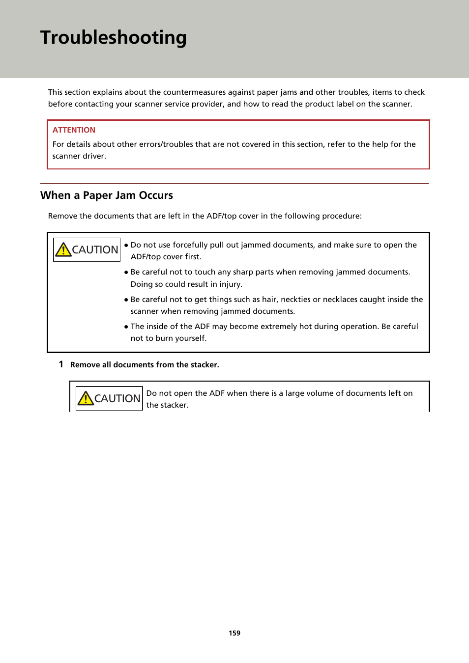 Troubleshooting, When a paper jam occurs, Caution | Fujitsu Ricoh Fujitsu fi-7900 Image Scanner User Manual | Page 159 / 291