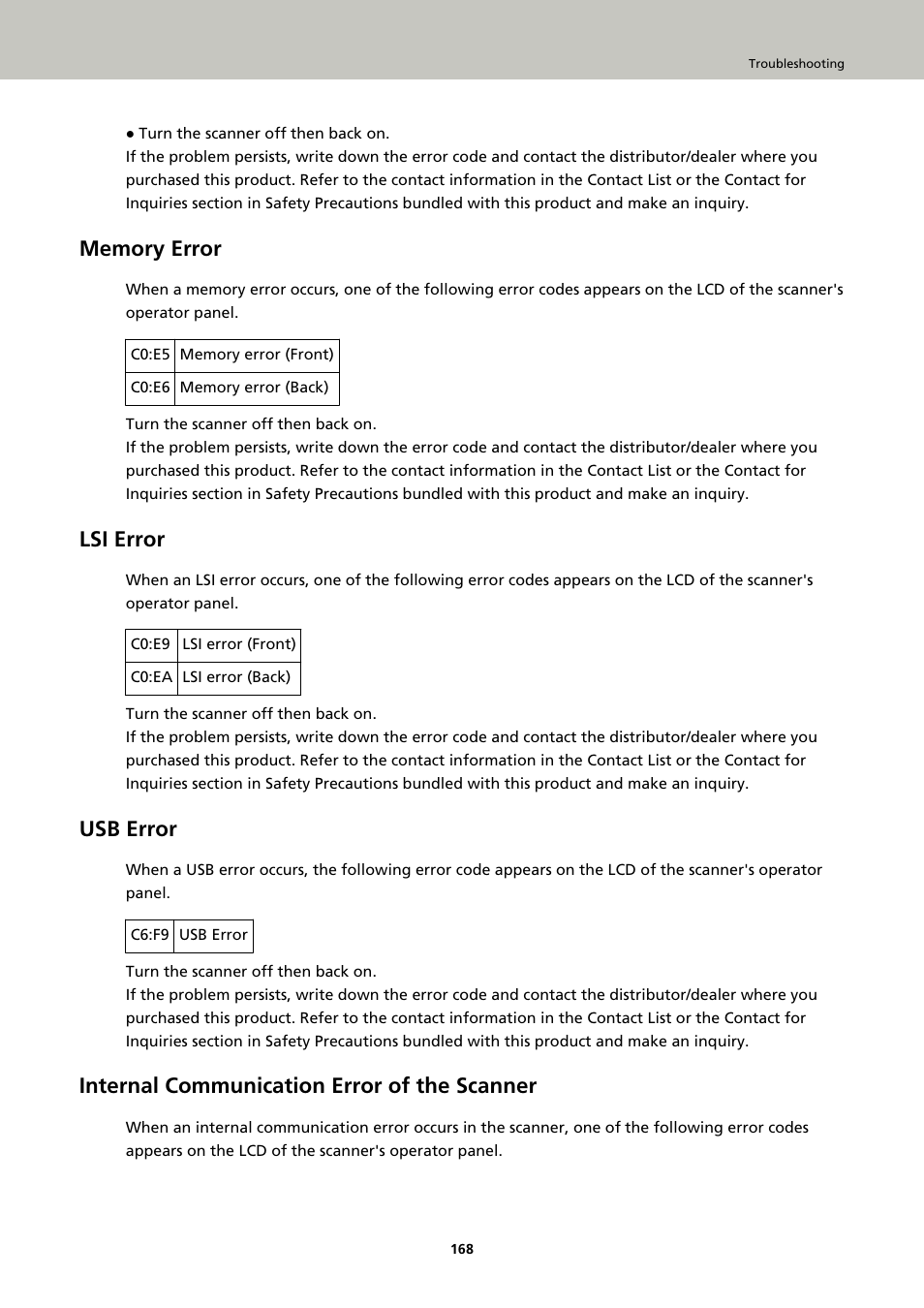 Memory error, Lsi error, Usb error | Internal communication error of the scanner | Fujitsu Ricoh Fujitsu fi-7900 Image Scanner User Manual | Page 168 / 291