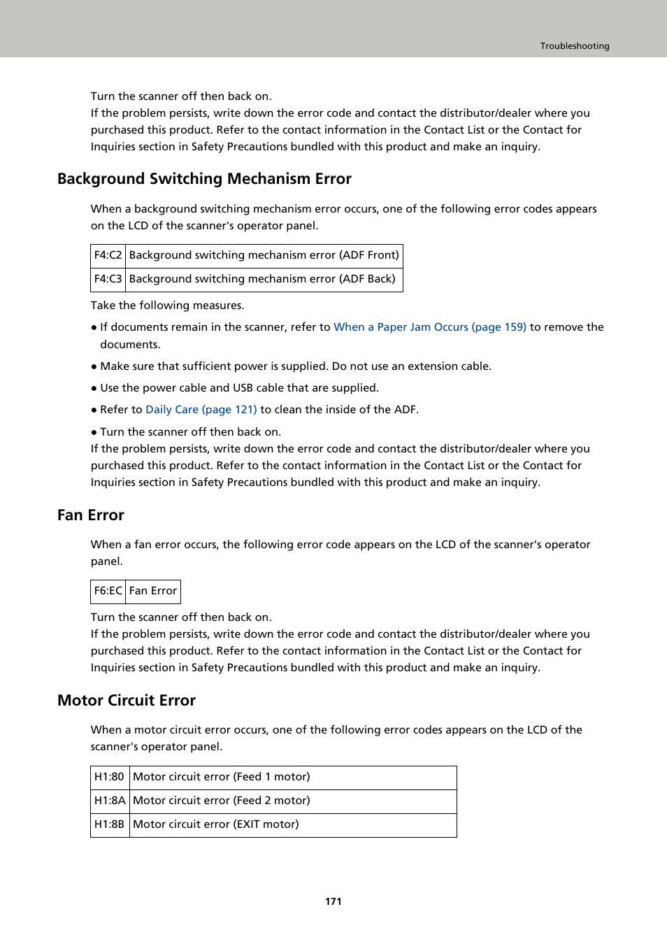 Background switching mechanism error, Fan error, Motor circuit error | Fujitsu Ricoh Fujitsu fi-7900 Image Scanner User Manual | Page 171 / 291