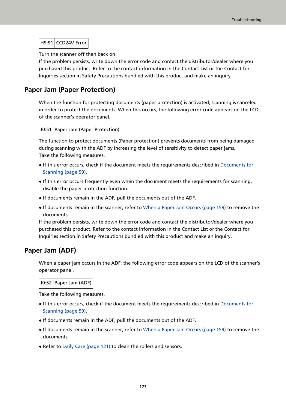 Paper jam (paper protection), Paper jam (adf) | Fujitsu Ricoh Fujitsu fi-7900 Image Scanner User Manual | Page 173 / 291