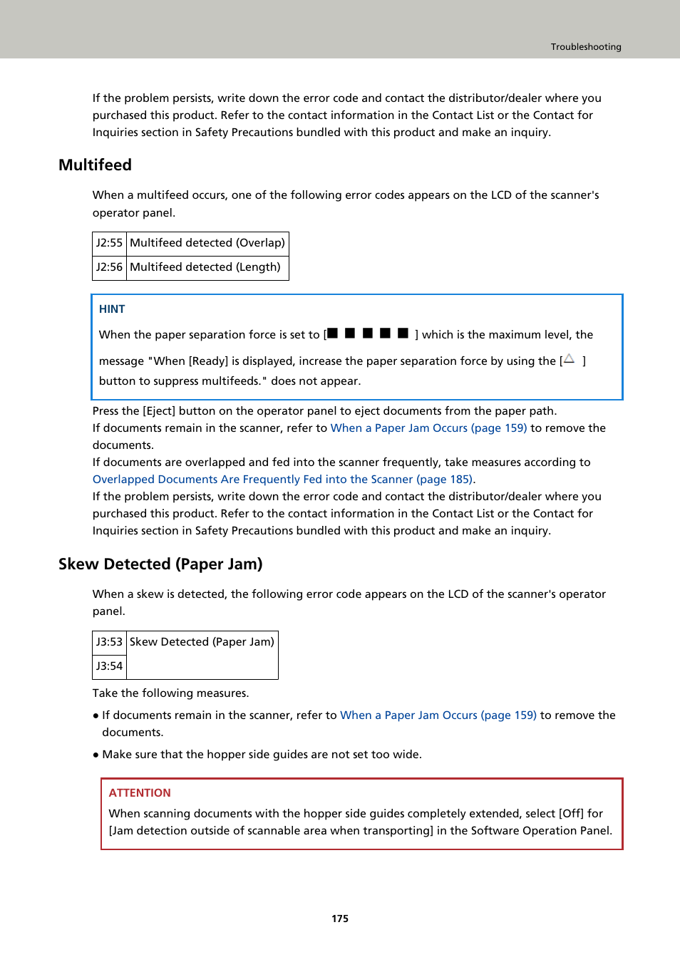 Multifeed, Skew detected (paper jam) | Fujitsu Ricoh Fujitsu fi-7900 Image Scanner User Manual | Page 175 / 291