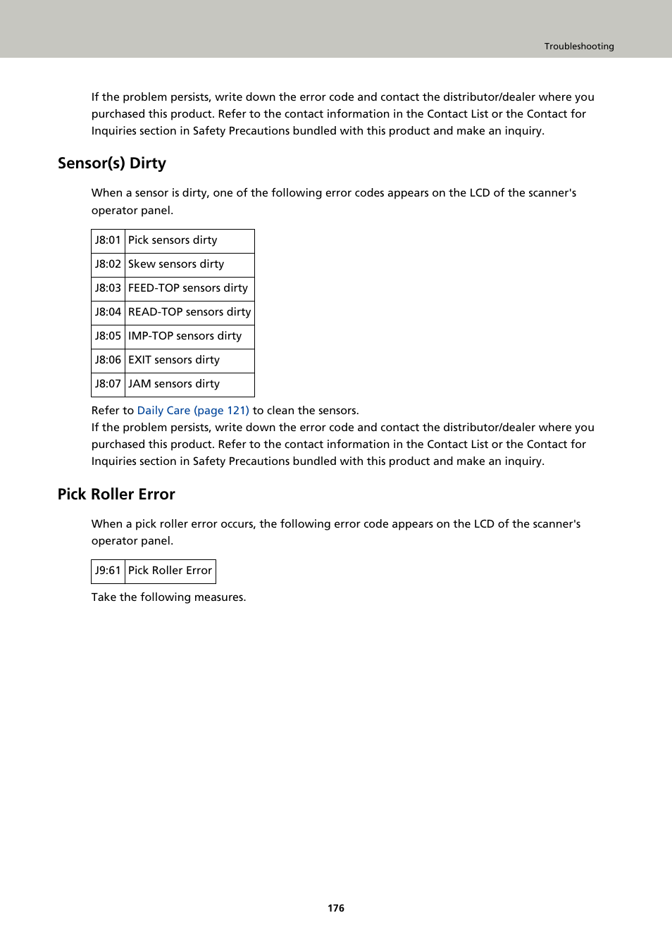Sensor(s) dirty, Pick roller error | Fujitsu Ricoh Fujitsu fi-7900 Image Scanner User Manual | Page 176 / 291