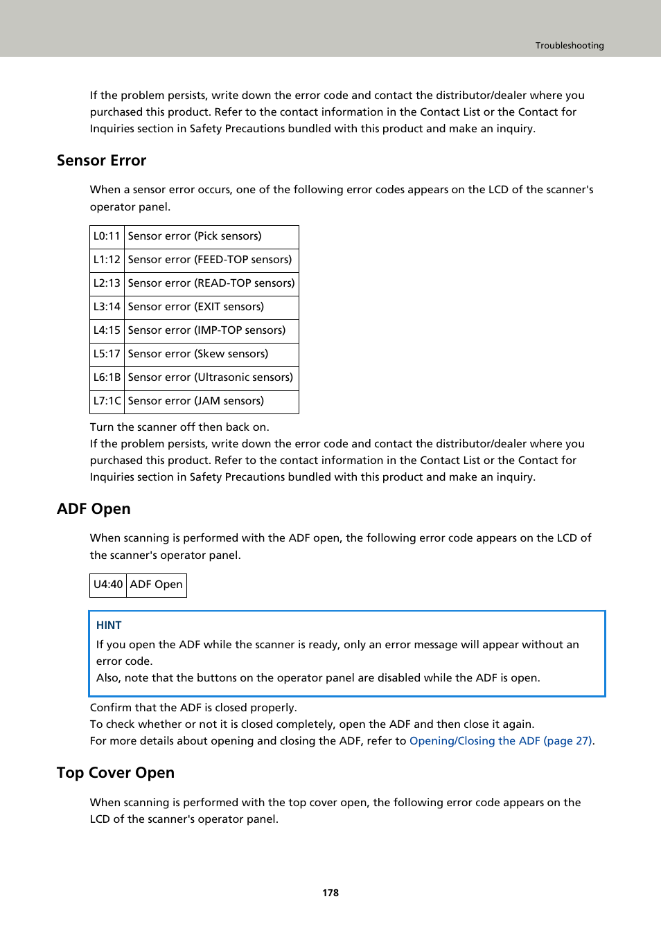 Sensor error, Adf open, Top cover open | Fujitsu Ricoh Fujitsu fi-7900 Image Scanner User Manual | Page 178 / 291