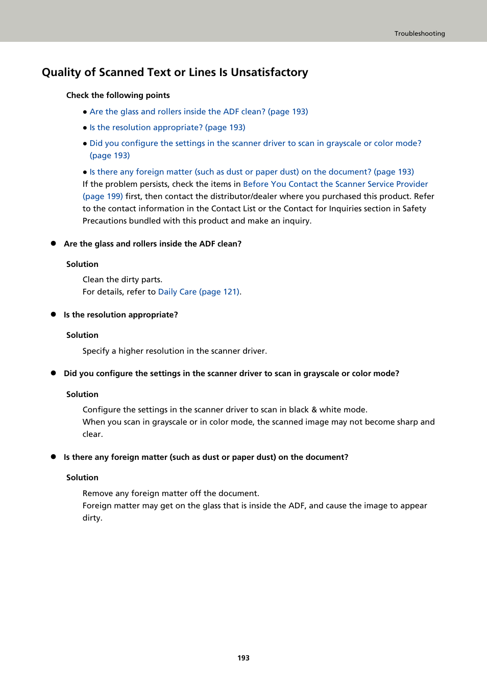 Quality of scanned text or lines is unsatisfactory | Fujitsu Ricoh Fujitsu fi-7900 Image Scanner User Manual | Page 193 / 291