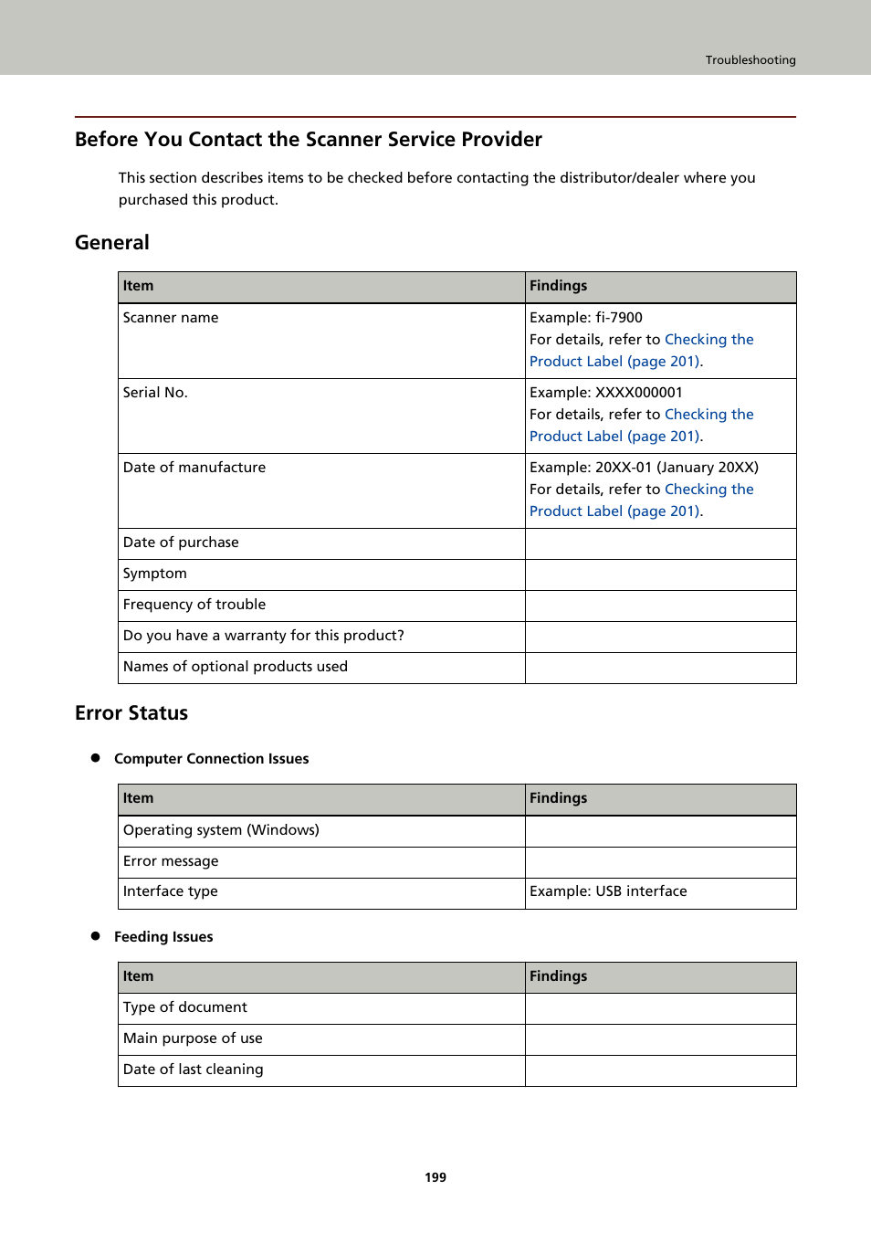 Before you contact the scanner service provider, General, Error status | If the problem persists, check the items in | Fujitsu Ricoh Fujitsu fi-7900 Image Scanner User Manual | Page 199 / 291