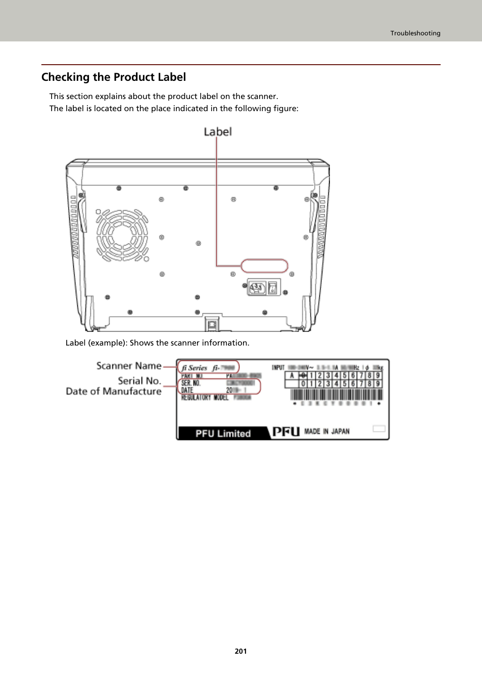 Checking the product label, For details, refer to, Checking the | Fujitsu Ricoh Fujitsu fi-7900 Image Scanner User Manual | Page 201 / 291