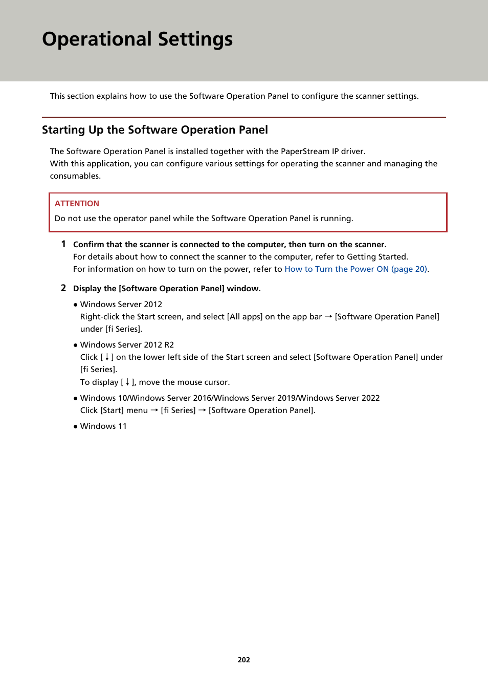 Operational settings, Starting up the software operation panel | Fujitsu Ricoh Fujitsu fi-7900 Image Scanner User Manual | Page 202 / 291