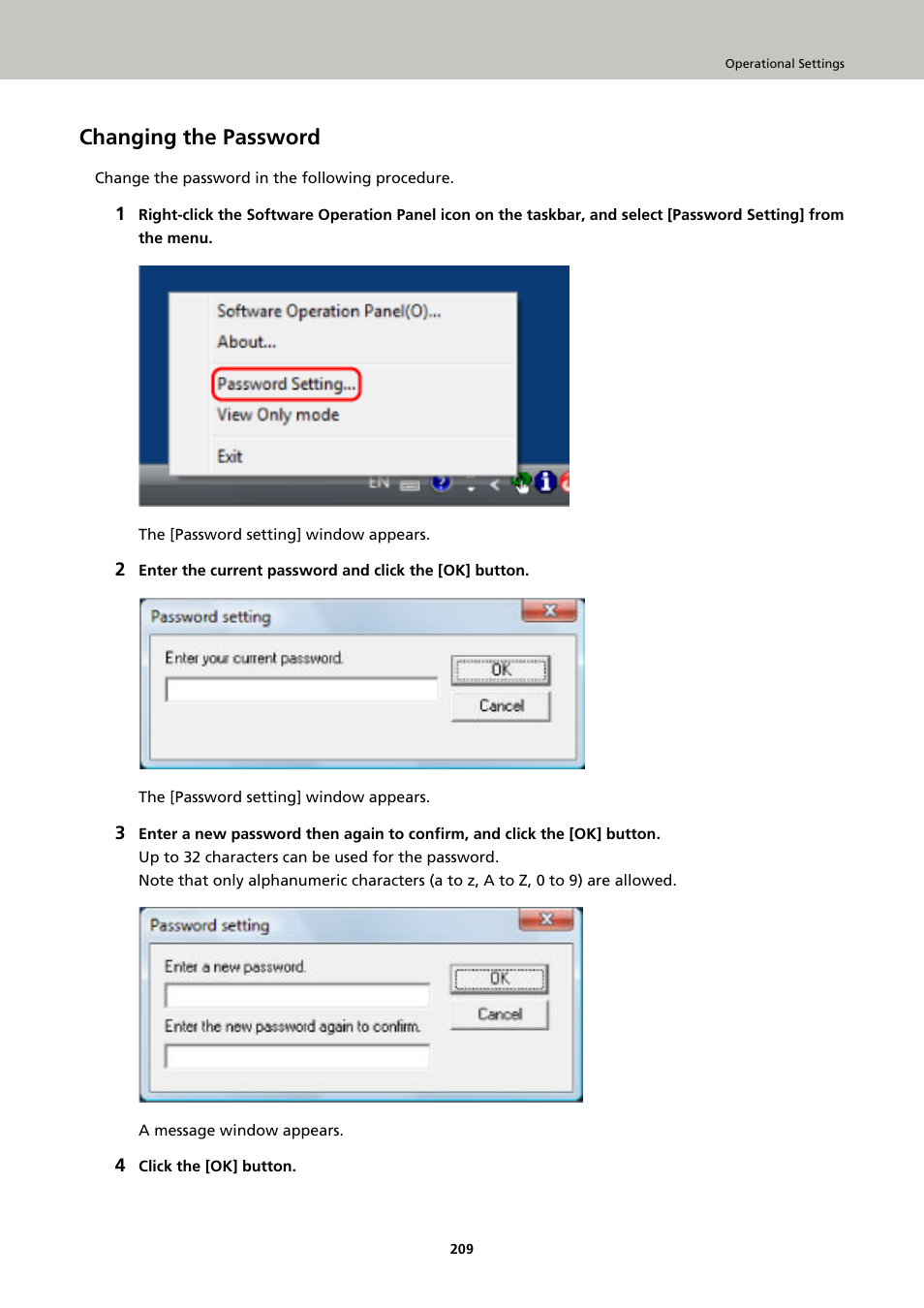 Changing the password | Fujitsu Ricoh Fujitsu fi-7900 Image Scanner User Manual | Page 209 / 291