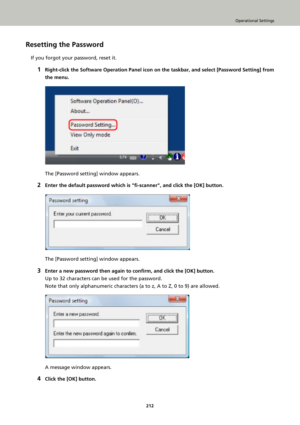 Resetting the password | Fujitsu Ricoh Fujitsu fi-7900 Image Scanner User Manual | Page 212 / 291
