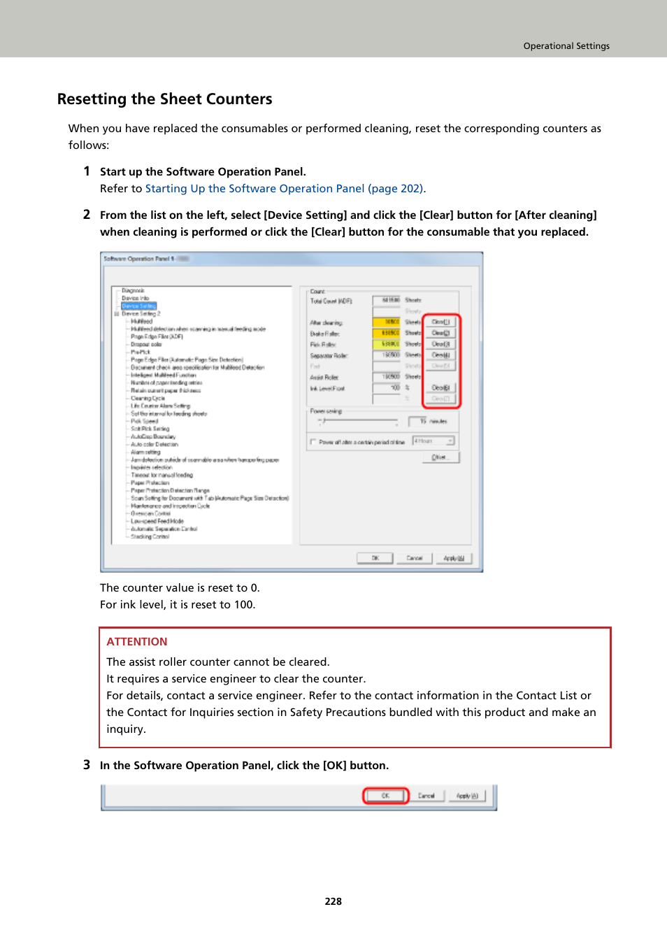 Resetting the sheet counters | Fujitsu Ricoh Fujitsu fi-7900 Image Scanner User Manual | Page 228 / 291