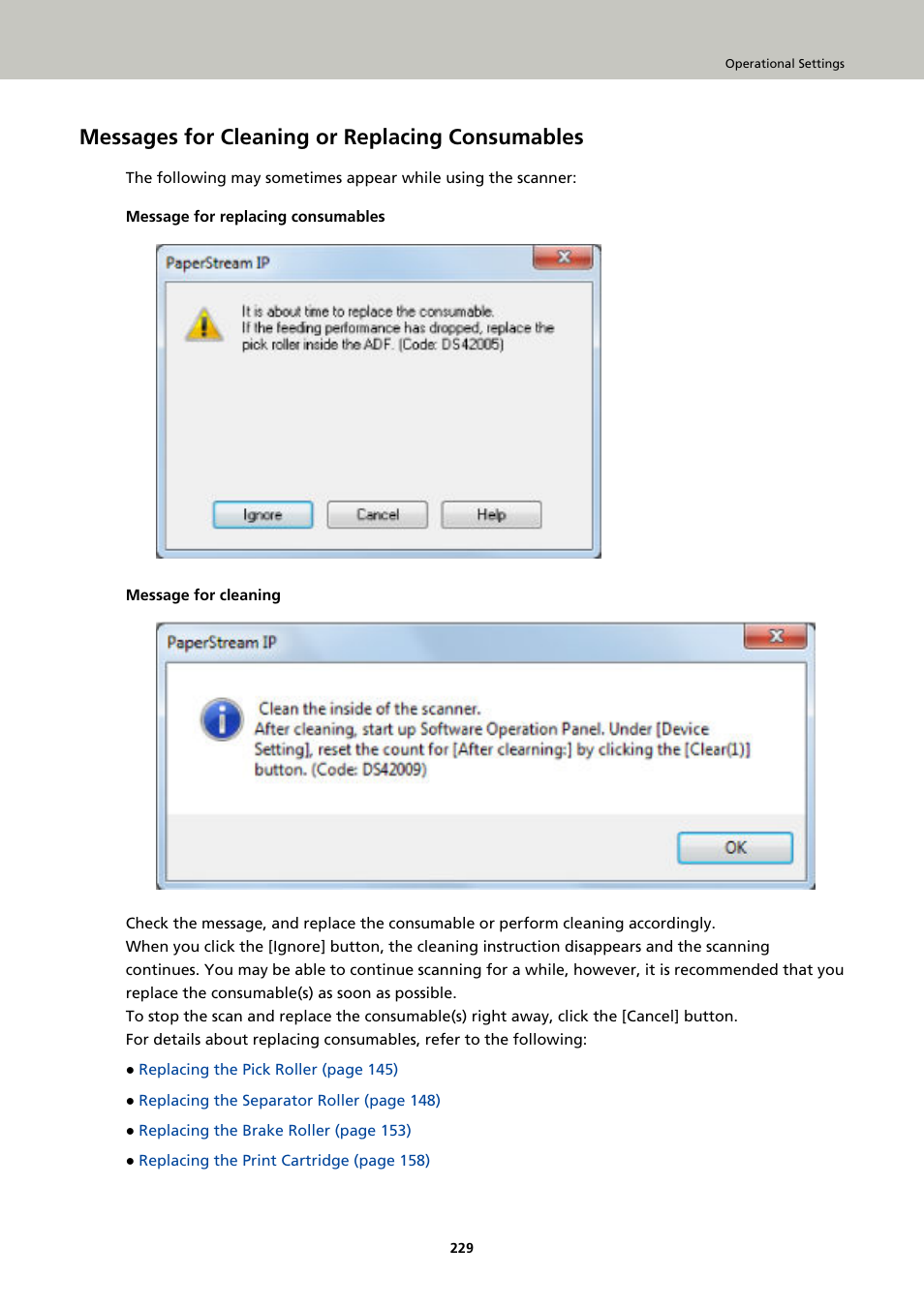 Messages for cleaning or replacing consumables | Fujitsu Ricoh Fujitsu fi-7900 Image Scanner User Manual | Page 229 / 291