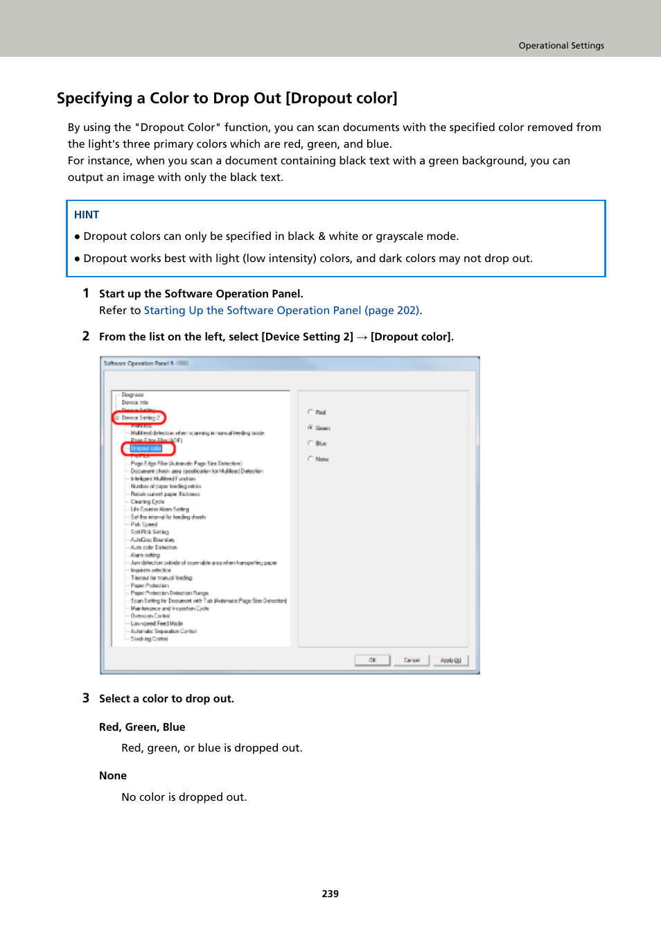 Specifying a color to drop out [dropout color | Fujitsu Ricoh Fujitsu fi-7900 Image Scanner User Manual | Page 239 / 291