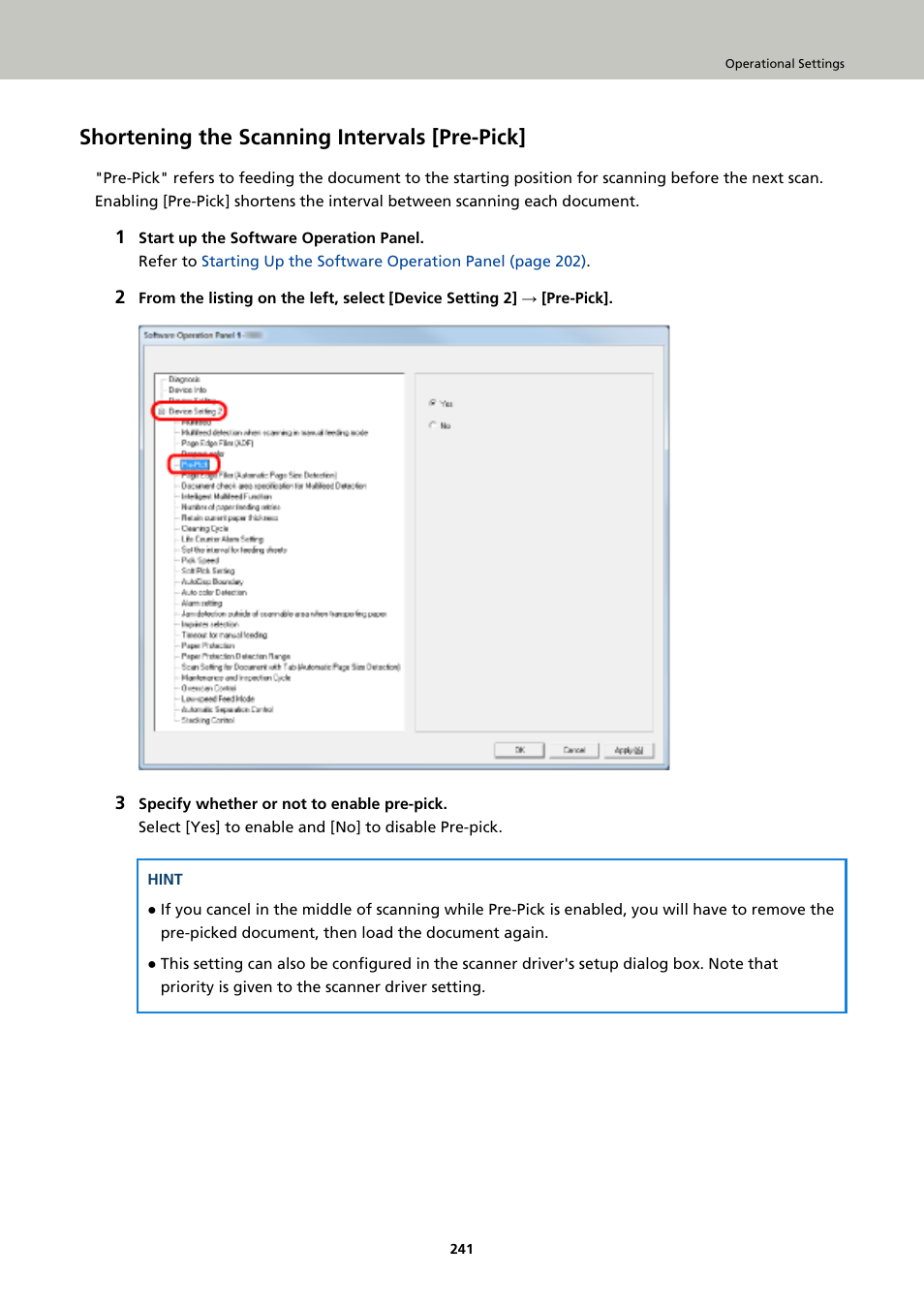 Shortening the scanning intervals [pre-pick | Fujitsu Ricoh Fujitsu fi-7900 Image Scanner User Manual | Page 241 / 291
